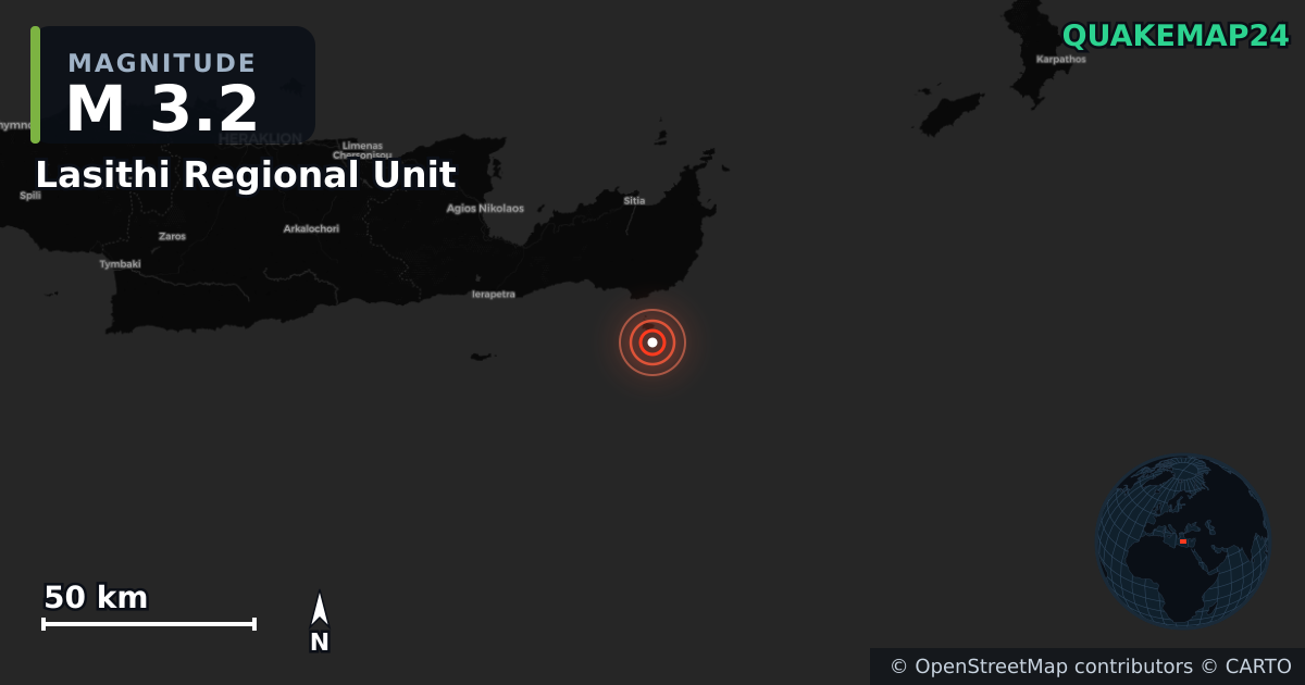 M3.2 earthquake near Lasithi Regional Unit on Jul 15, 2026 — map of epicenter and shaking intensity | QuakeMap24