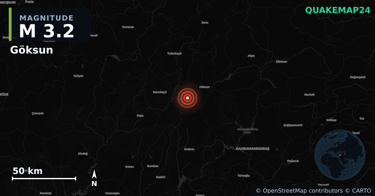 M3.2 earthquake near Göksun on Nov 11, 2025 — map of epicenter and shaking intensity | QuakeMap24
