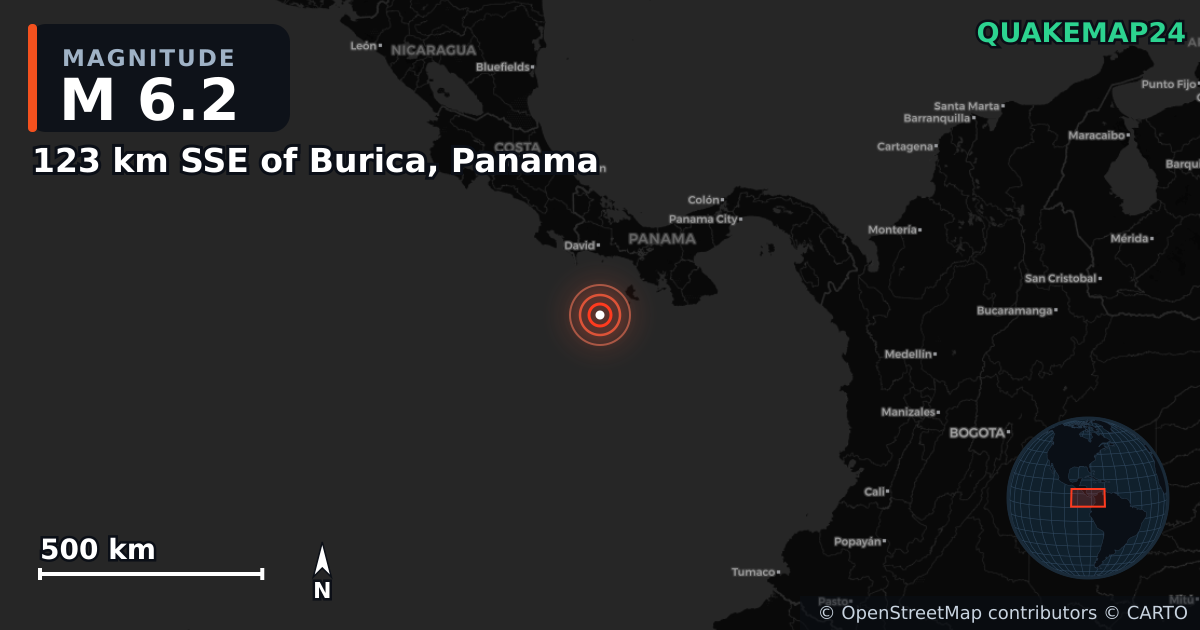 M6.2 earthquake near 123 km SSE of Burica, Panama on Mar 21, 2025 — map of epicenter and shaking intensity | QuakeMap24