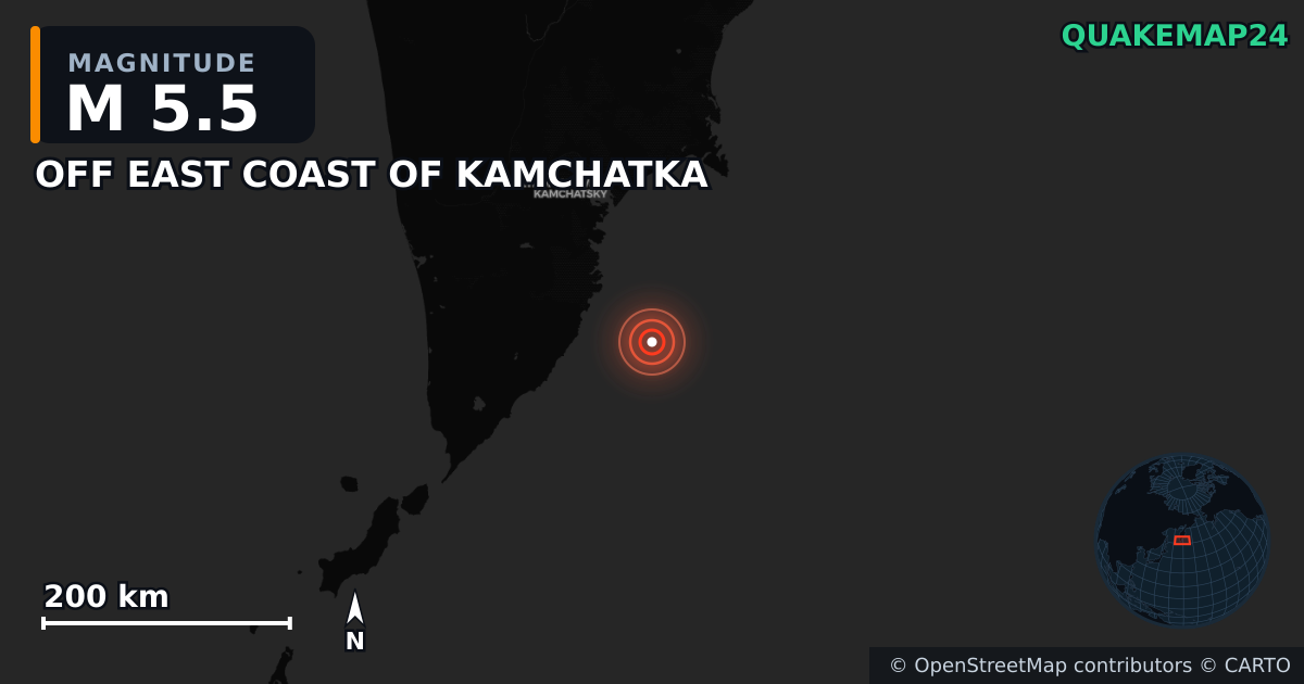 M5.5 earthquake near OFF EAST COAST OF KAMCHATKA on Jul 30, 2025 — map of epicenter and shaking intensity | QuakeMap24