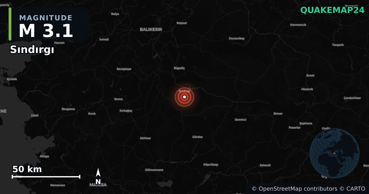 M3.1 earthquake near Sındırgı on Aug 26, 2025 — map of epicenter and shaking intensity | QuakeMap24