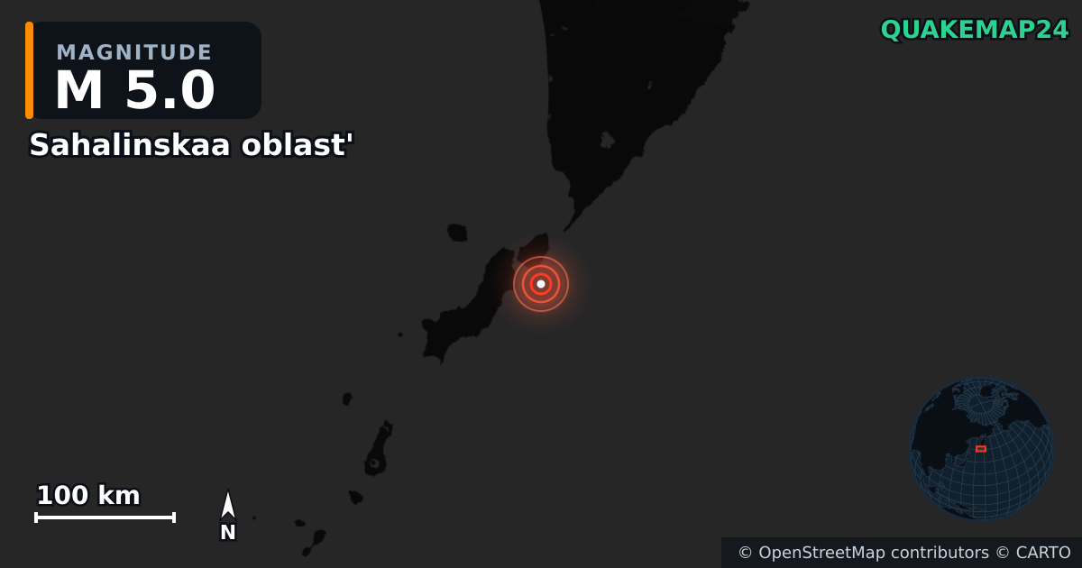 M5.0 earthquake near Sahalinskaa oblast' on Aug 8, 2025 — map of epicenter and shaking intensity | QuakeMap24