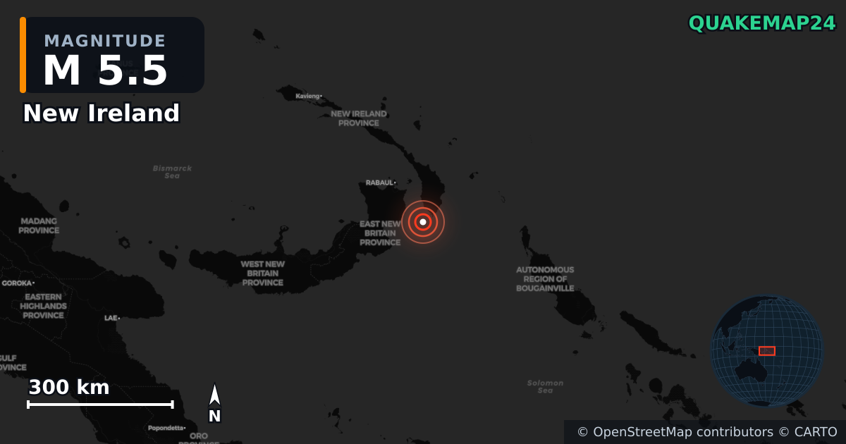 M5.5 earthquake near New Ireland on Apr 12, 2025 — map of epicenter and shaking intensity | QuakeMap24