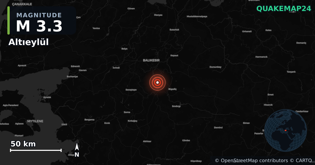 M3.3 earthquake near Altıeylül on Jun 30, 2026 — map of epicenter and shaking intensity | QuakeMap24