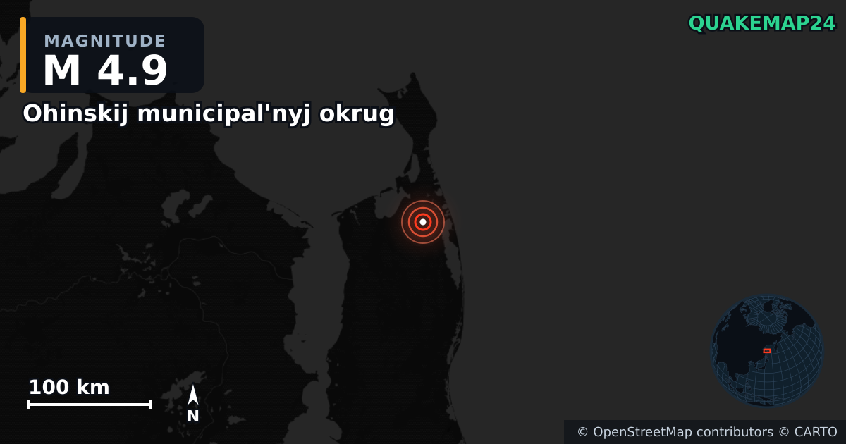 M4.9 earthquake near Ohinskij municipal'nyj okrug on Feb 8, 2026 — map of epicenter and shaking intensity | QuakeMap24