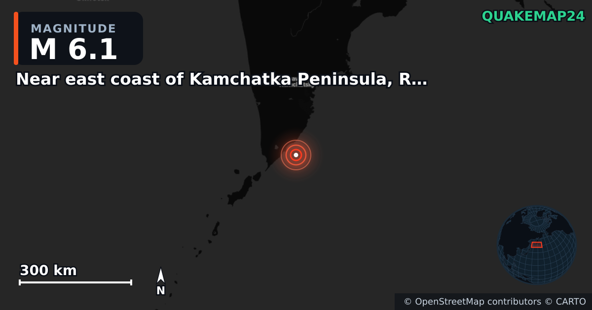 M6.1 earthquake near Near east coast of Kamchatka Peninsula, Russia [Sea: Russia] on Sep 19, 2025 — map of epicenter and shaking intensity | QuakeMap24