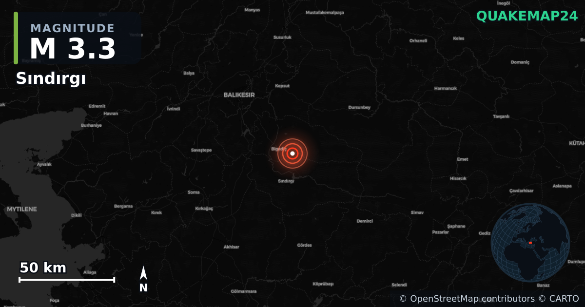 M3.3 earthquake near Sındırgı on Nov 21, 2025 — map of epicenter and shaking intensity | QuakeMap24