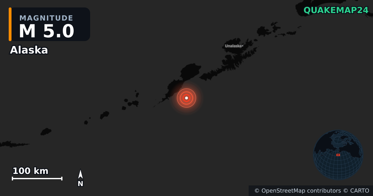M5.0 earthquake near Alaska on Nov 25, 2025 — map of epicenter and shaking intensity | QuakeMap24
