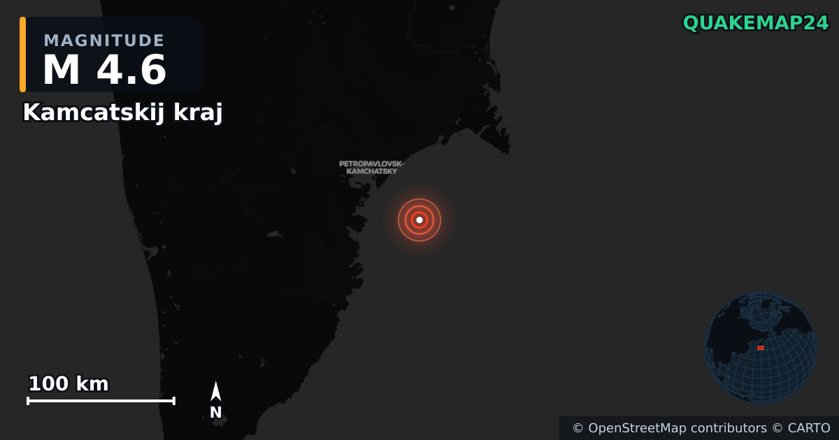 M4.6 earthquake near Kamcatskij kraj on Jan 7, 2026 — map of epicenter and shaking intensity | QuakeMap24