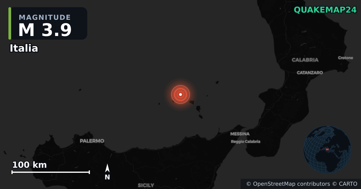 M3.9 earthquake near Italia on Jun 3, 2026 — map of epicenter and shaking intensity | QuakeMap24