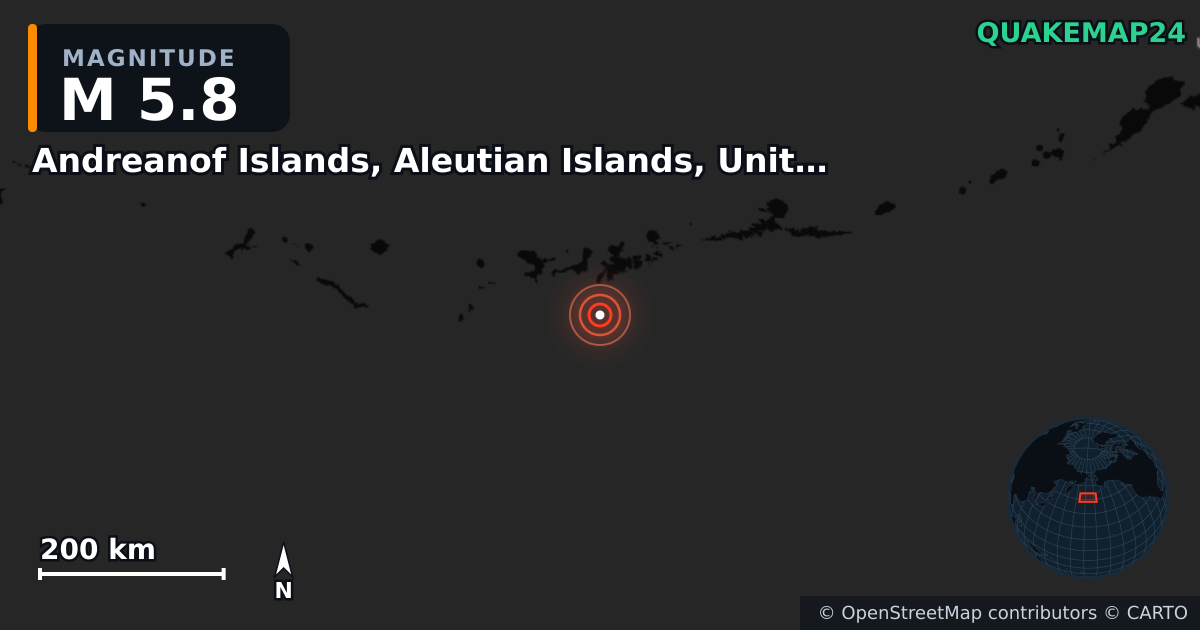 M5.8 earthquake near Andreanof Islands, Aleutian Islands, United States [Sea: United States] on Nov 23, 2025 — map of epicenter and shaking intensity | QuakeMap24