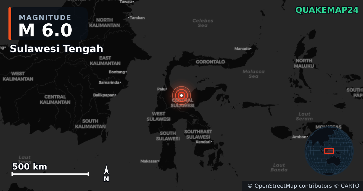 M6.0 earthquake near Sulawesi Tengah on Aug 16, 2025 — map of epicenter and shaking intensity | QuakeMap24