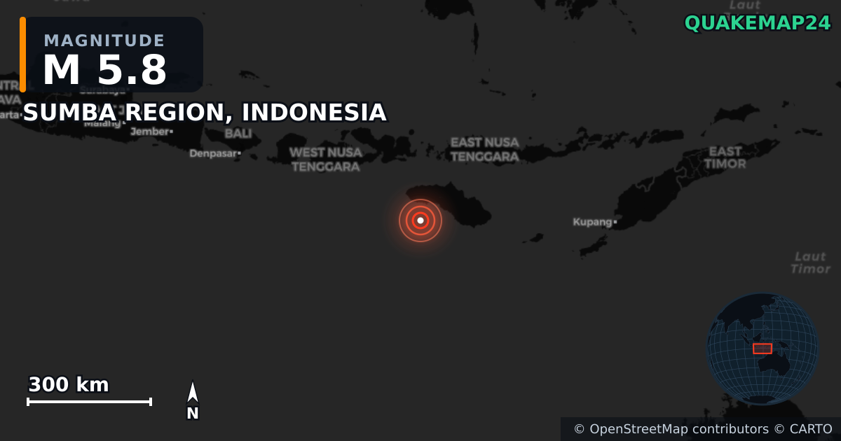 M5.8 earthquake near SUMBA REGION, INDONESIA on May 5, 2026 — map of epicenter and shaking intensity | QuakeMap24