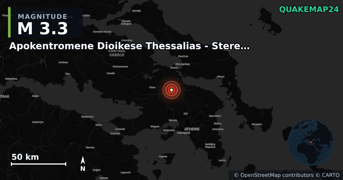 M3.3 earthquake near Apokentromene Dioikese Thessalias - Stereas Ellados on Nov 30, 2025 — map of epicenter and shaking intensity | QuakeMap24
