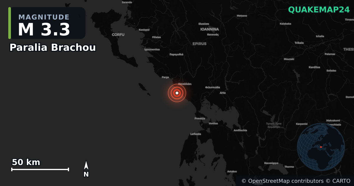 M3.3 earthquake near Paralia Brachou on Apr 7, 2026 — map of epicenter and shaking intensity | QuakeMap24