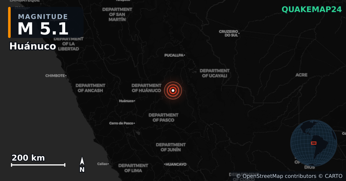 M5.1 earthquake near Huánuco on May 22, 2025 — map of epicenter and shaking intensity | QuakeMap24