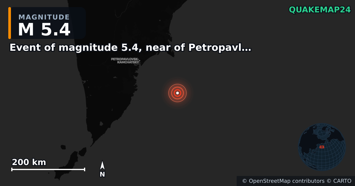 M5.4 earthquake near Event of magnitude 5.4, near of Petropavlovsk Kamchatskiy (Monde) on Aug 24, 2025 — map of epicenter and shaking intensity | QuakeMap24