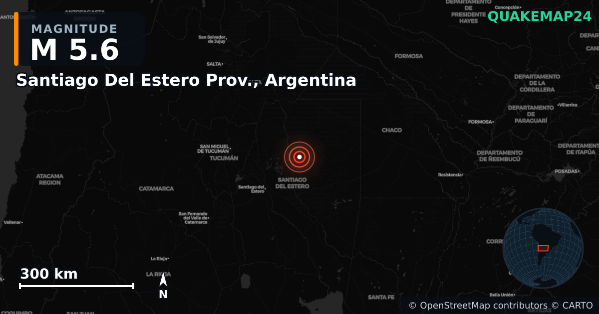 M5.6 earthquake near Santiago Del Estero Prov., Argentina on Oct 2, 2025 — map of epicenter and shaking intensity | QuakeMap24