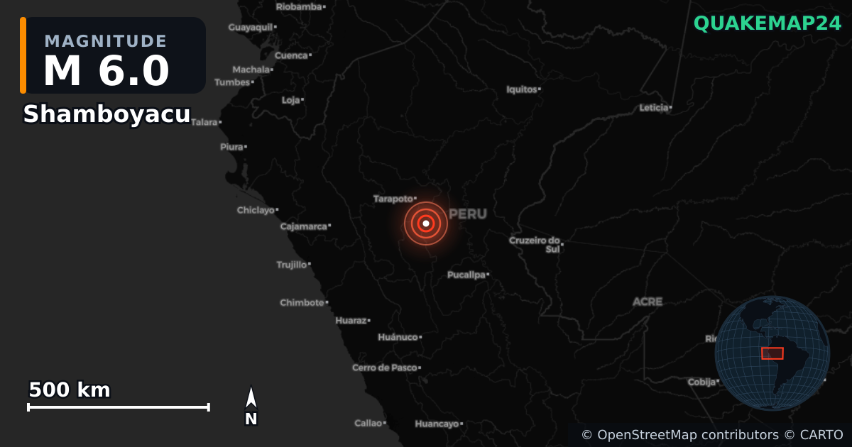 M6.0 earthquake near Shamboyacu on Apr 1, 2026 — map of epicenter and shaking intensity | QuakeMap24