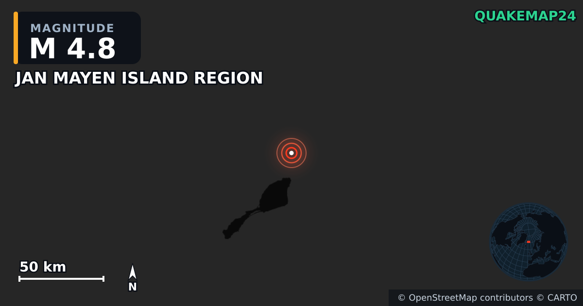 M4.8 earthquake near JAN MAYEN ISLAND REGION on Oct 5, 2025 — map of epicenter and shaking intensity | QuakeMap24
