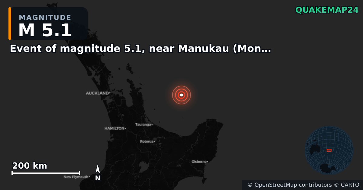 M5.1 earthquake near Event of magnitude 5.1, near Manukau (Monde) on May 5, 2026 — map of epicenter and shaking intensity | QuakeMap24