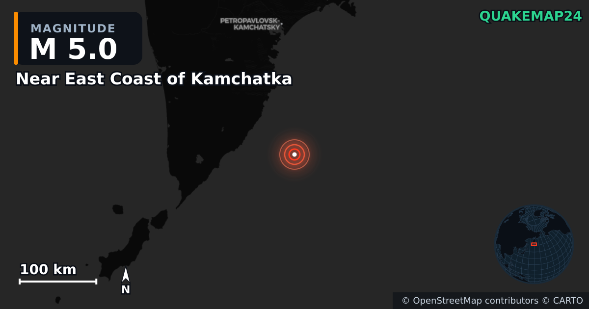 M5.0 earthquake near Near East Coast of Kamchatka on Jan 8, 2026 — map of epicenter and shaking intensity | QuakeMap24