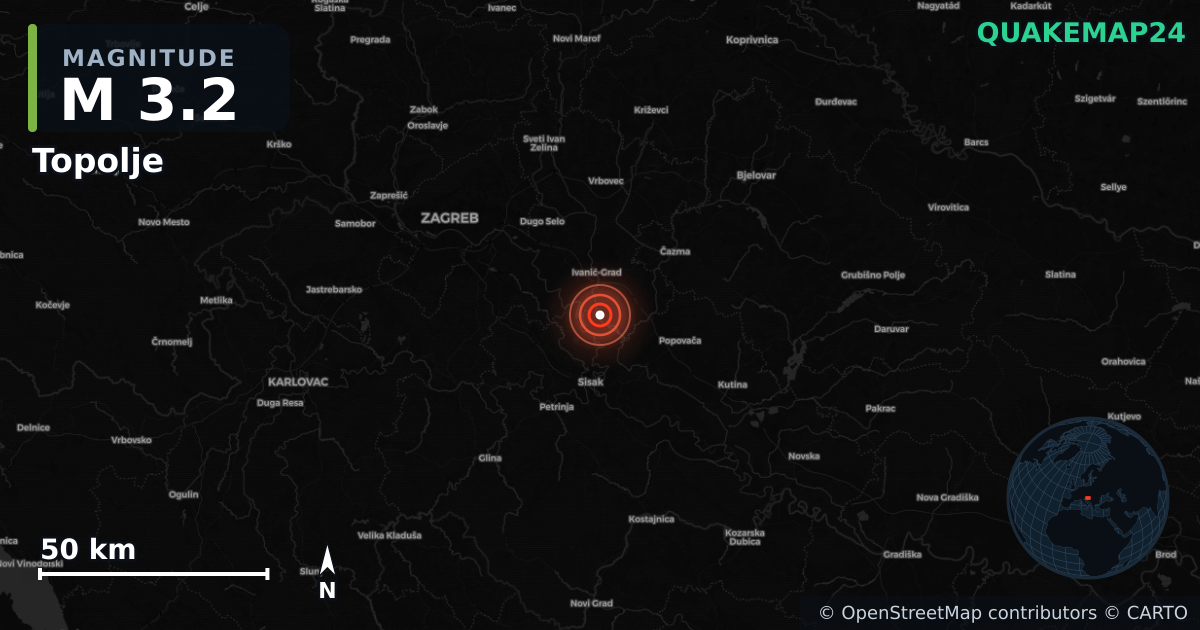 M3.2 earthquake near Topolje on May 12, 2026 — map of epicenter and shaking intensity | QuakeMap24
