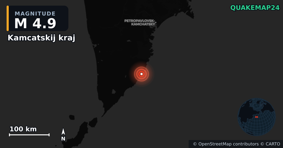 M4.9 earthquake near Kamcatskij kraj on Aug 9, 2025 — map of epicenter and shaking intensity | QuakeMap24