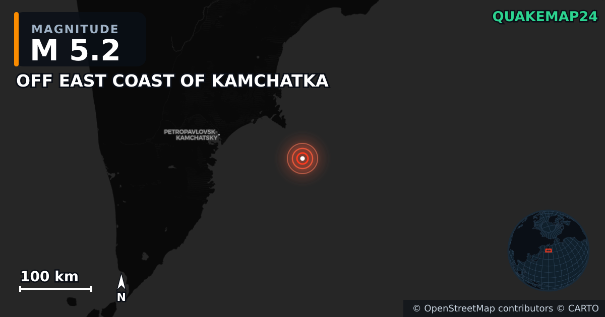 M5.2 earthquake near OFF EAST COAST OF KAMCHATKA on Jul 30, 2025 — map of epicenter and shaking intensity | QuakeMap24