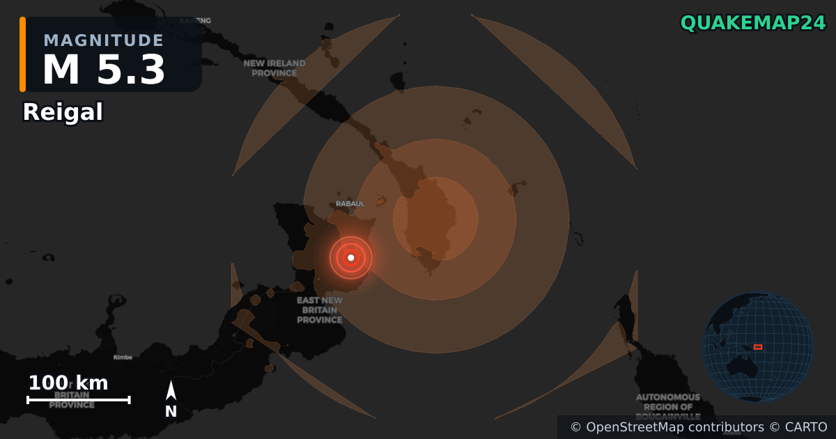M5.3 earthquake near Reigal on Jun 25, 2026 — map of epicenter and shaking intensity | QuakeMap24