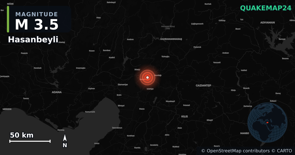 M3.5 earthquake near Hasanbeyli on Feb 28, 2026 — map of epicenter and shaking intensity | QuakeMap24
