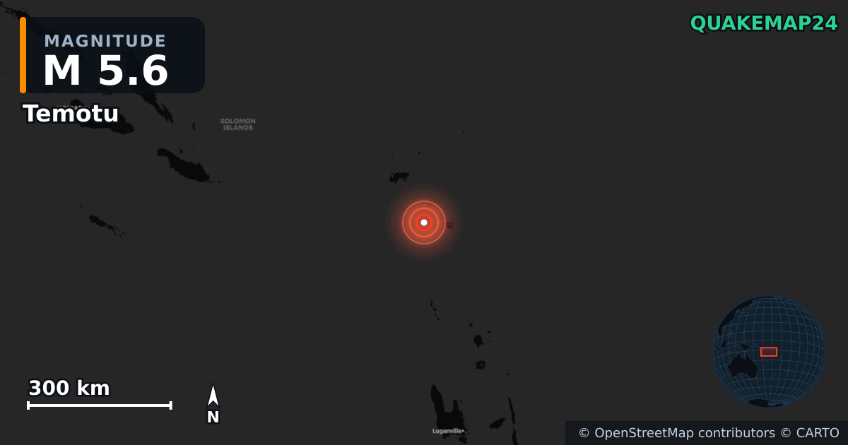 M5.6 earthquake near Temotu on Aug 14, 2025 — map of epicenter and shaking intensity | QuakeMap24