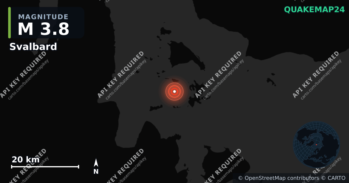 M3.8 earthquake near Svalbard on Jul 22, 2026 — map of epicenter and shaking intensity | QuakeMap24