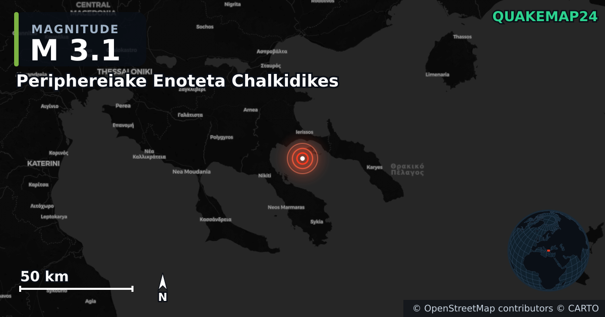 M3.1 earthquake near Periphereiake Enoteta Chalkidikes on Dec 23, 2025 — map of epicenter and shaking intensity | QuakeMap24