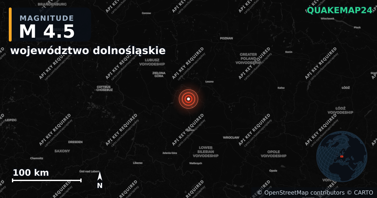 M4.5 earthquake near województwo dolnośląskie on Oct 21, 2025 — map of epicenter and shaking intensity | QuakeMap24