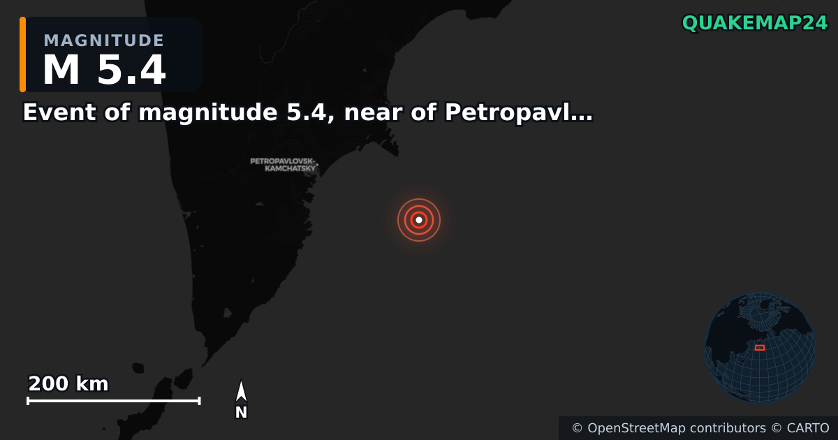 M5.4 earthquake near Event of magnitude 5.4, near of Petropavlovsk Kamchatskiy (Monde) on Sep 4, 2025 — map of epicenter and shaking intensity | QuakeMap24
