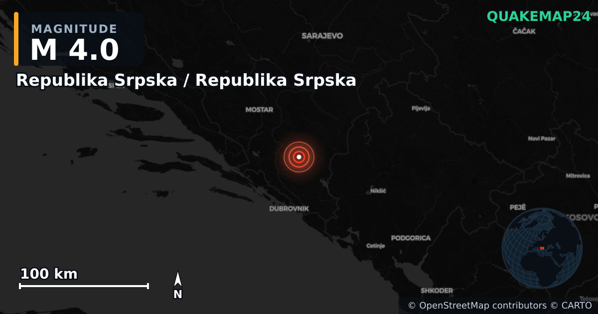 M4.0 earthquake near Republika Srpska / Republika Srpska on Dec 11, 2025 — map of epicenter and shaking intensity | QuakeMap24