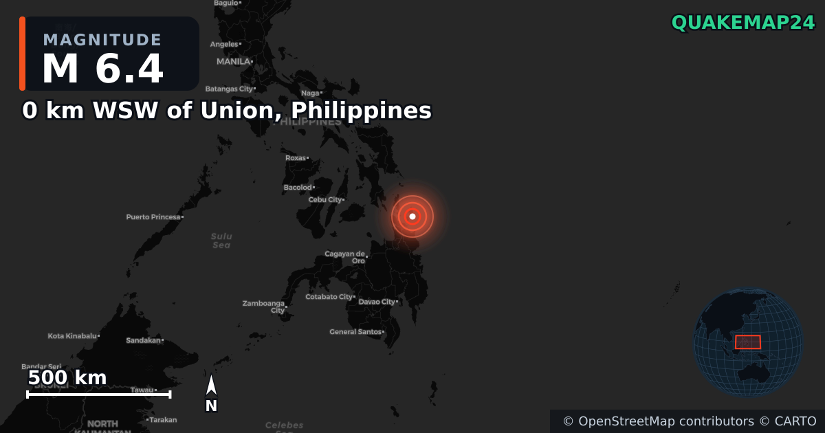 M6.4 earthquake near 0 km WSW of Union, Philippines on Oct 16, 2025 — map of epicenter and shaking intensity | QuakeMap24