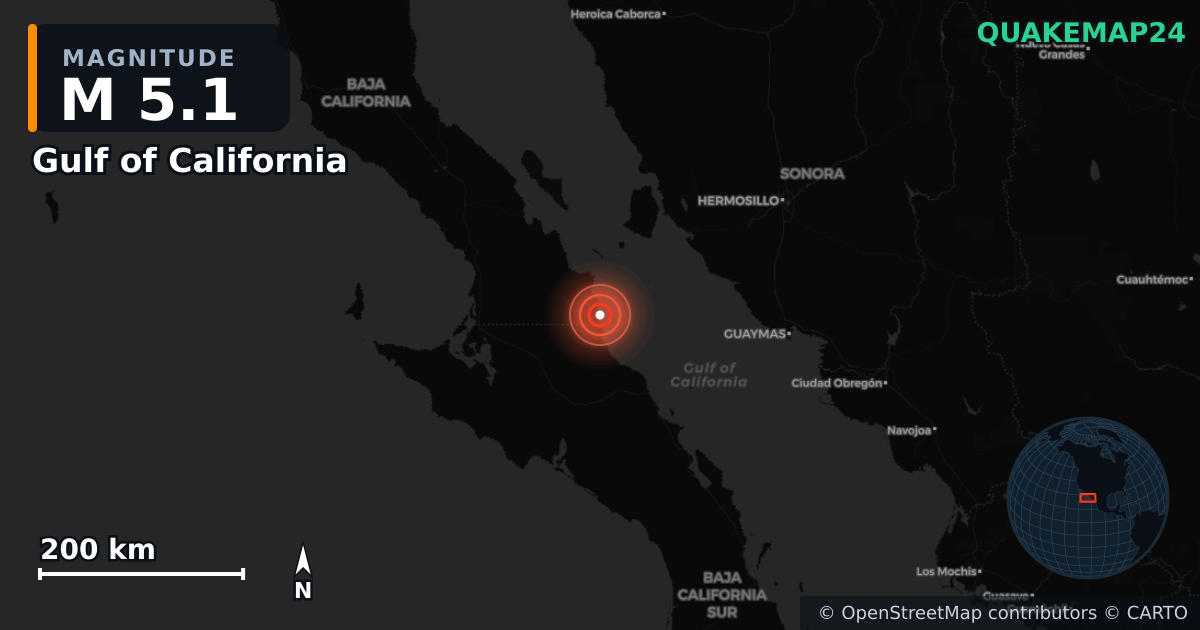 M5.1 earthquake near Gulf of California on Nov 6, 2025 — map of epicenter and shaking intensity | QuakeMap24