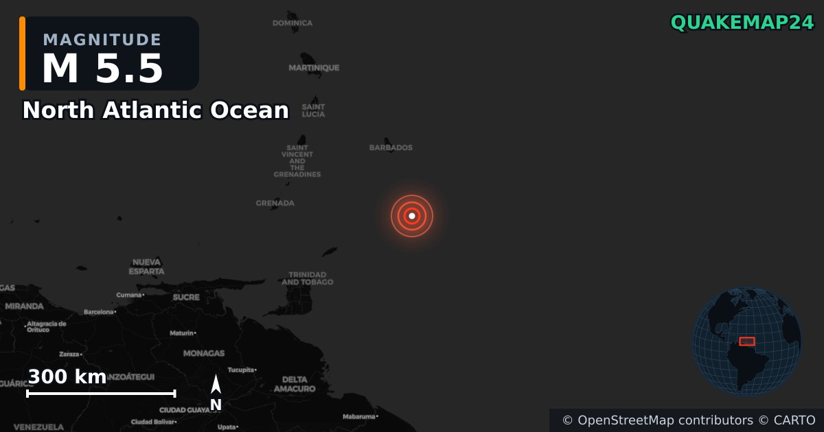 Erdbeben M5,5 bei North Atlantic Ocean — Karte der Lage des Epizentrums