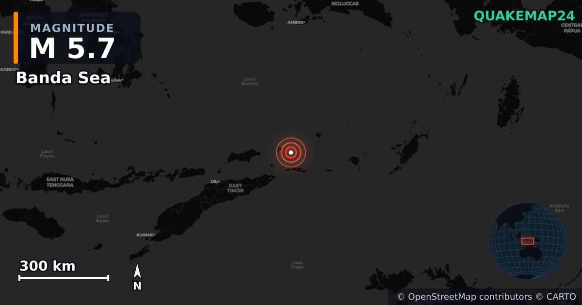 M5.7 earthquake near Banda Sea on Mar 28, 2026 — map of epicenter and shaking intensity | QuakeMap24