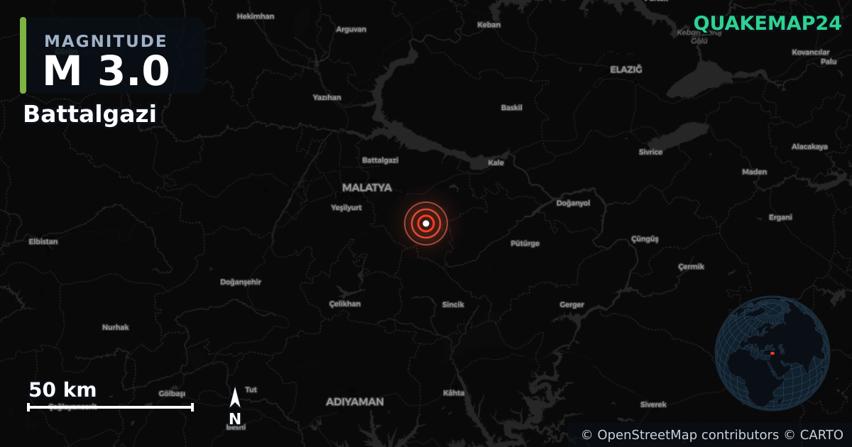 M3.0 earthquake near Battalgazi on Jul 28, 2026 — map of epicenter and shaking intensity | QuakeMap24