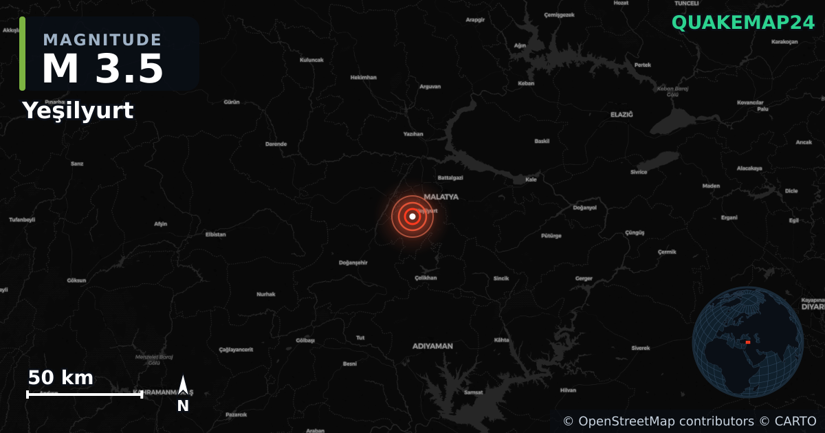 M3.5 earthquake near Yeşilyurt on May 11, 2025 — map of epicenter and shaking intensity | QuakeMap24