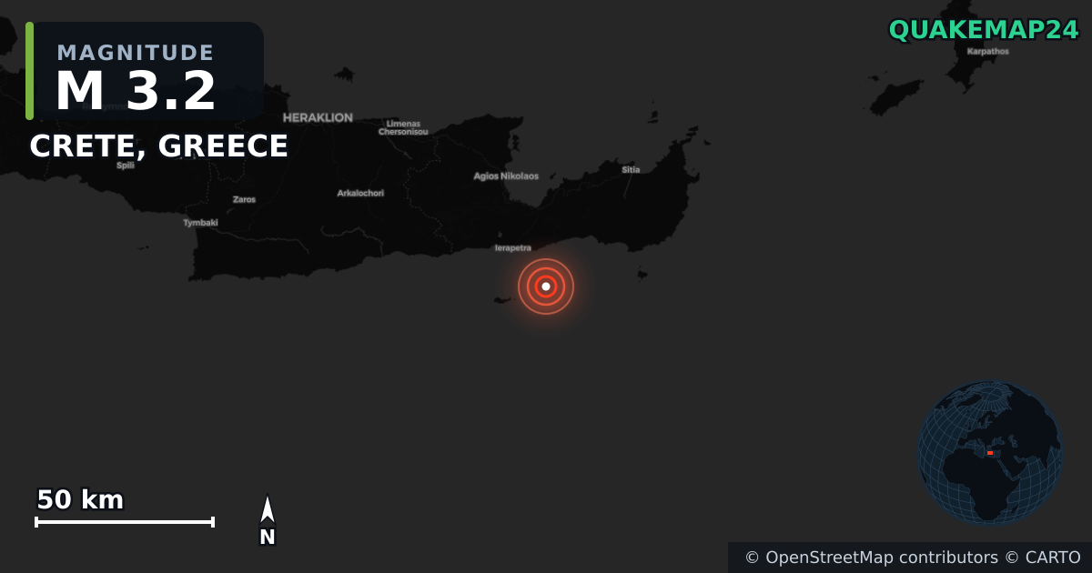M3.2 earthquake near CRETE, GREECE on Oct 5, 2025 — map of epicenter and shaking intensity | QuakeMap24