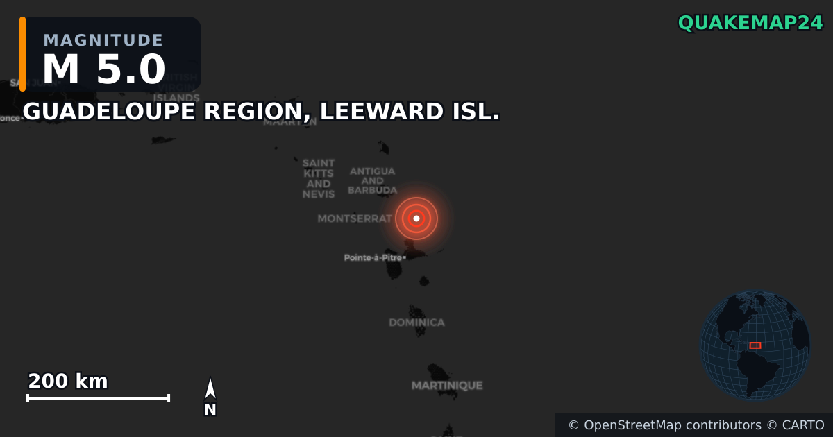 M5.0 earthquake near GUADELOUPE REGION, LEEWARD ISL. on Sep 15, 2025 — map of epicenter and shaking intensity | QuakeMap24