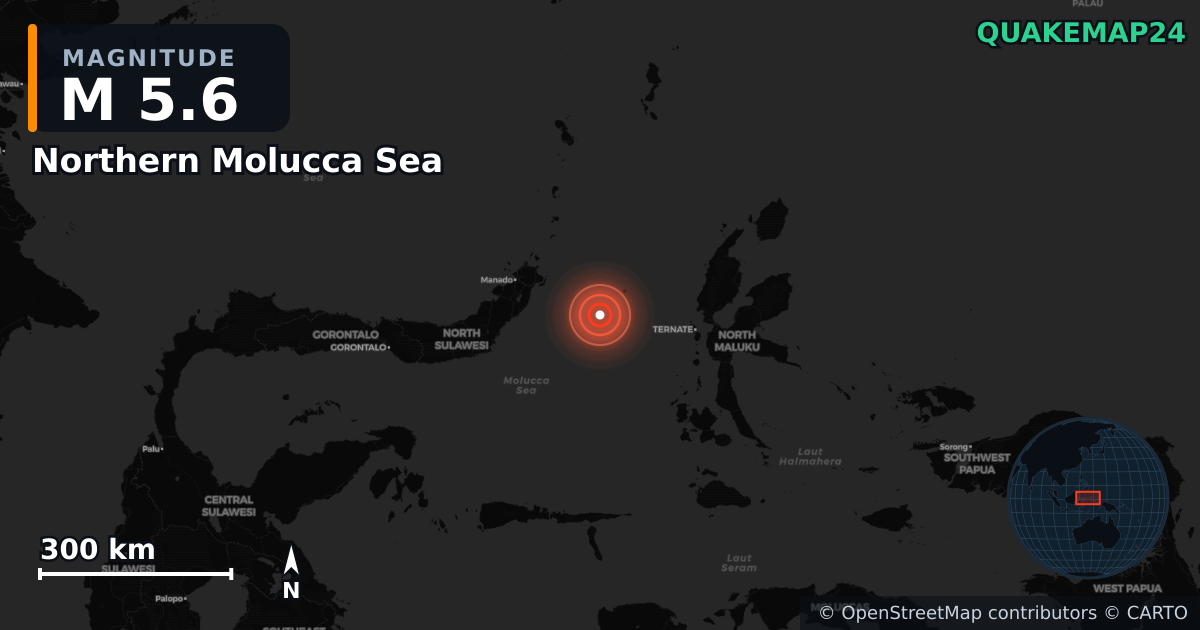 M5.6 earthquake near Northern Molucca Sea on May 22, 2026 — map of epicenter and shaking intensity | QuakeMap24