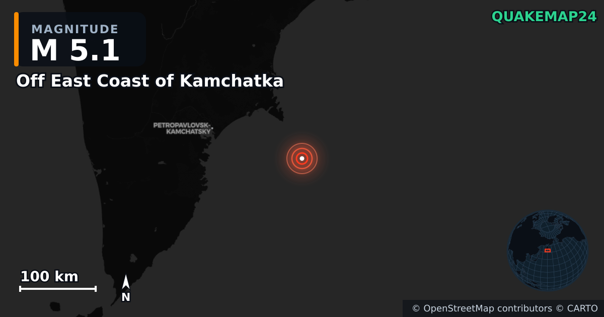 M5.1 Earthquake near Off East Coast of Kamchatka · 2025-07-22 — Map showing the location of the epicenter