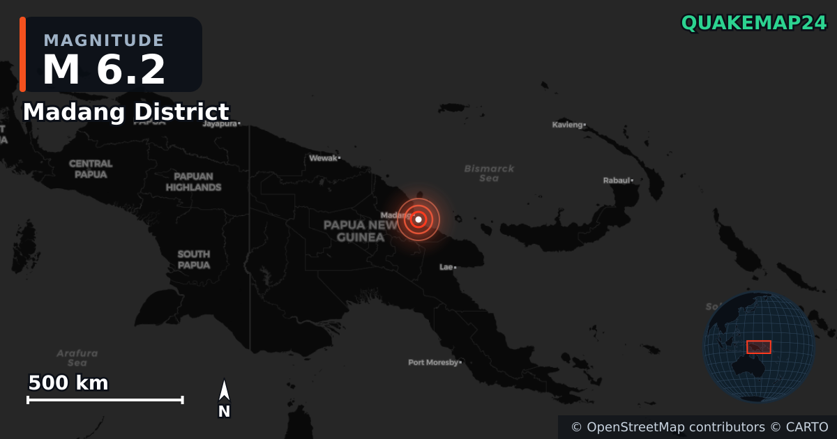 M6.2 earthquake near Madang District on Jan 20, 2026 — map of epicenter and shaking intensity | QuakeMap24
