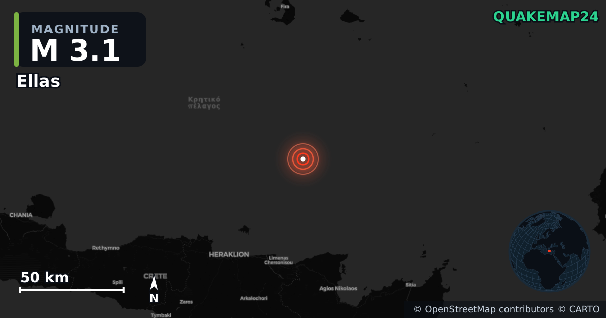 M3.1 earthquake near Ellas on Aug 18, 2025 — map of epicenter and shaking intensity | QuakeMap24