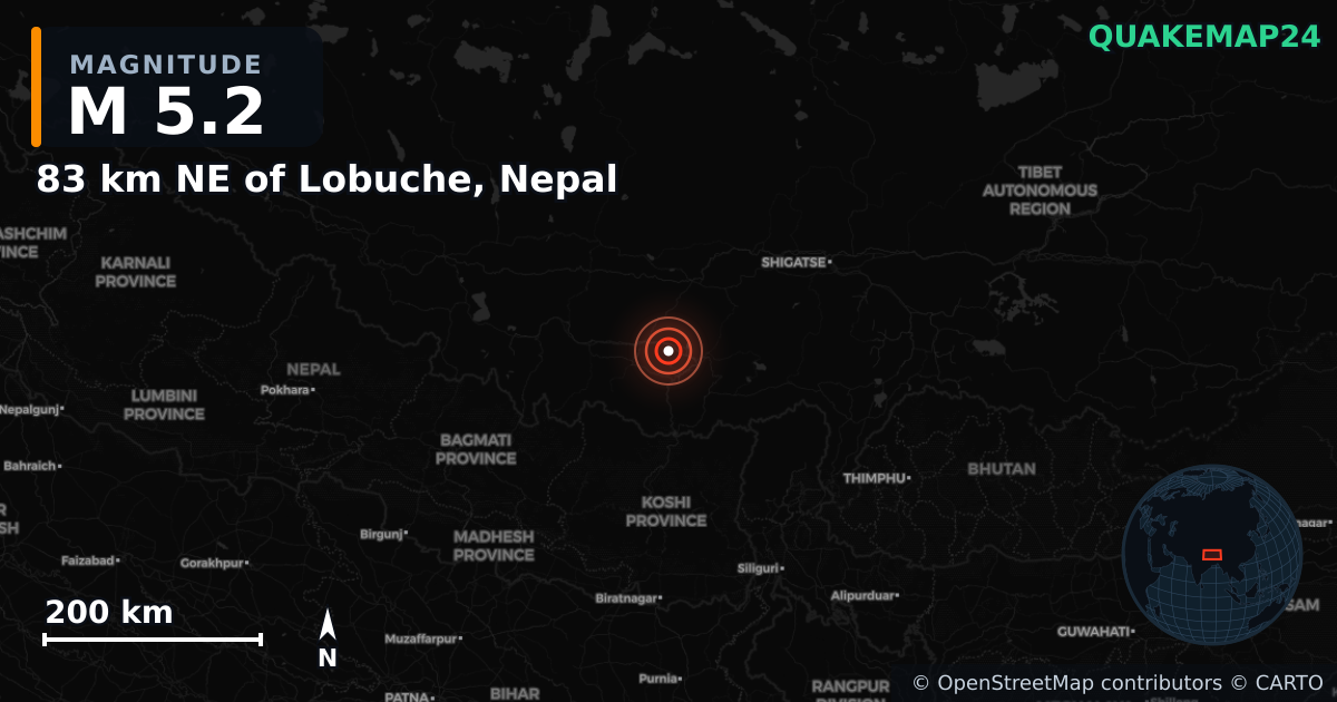 M5.2 earthquake near 83 km NE of Lobuche, Nepal on Jan 7, 2025 — map of epicenter and shaking intensity | QuakeMap24